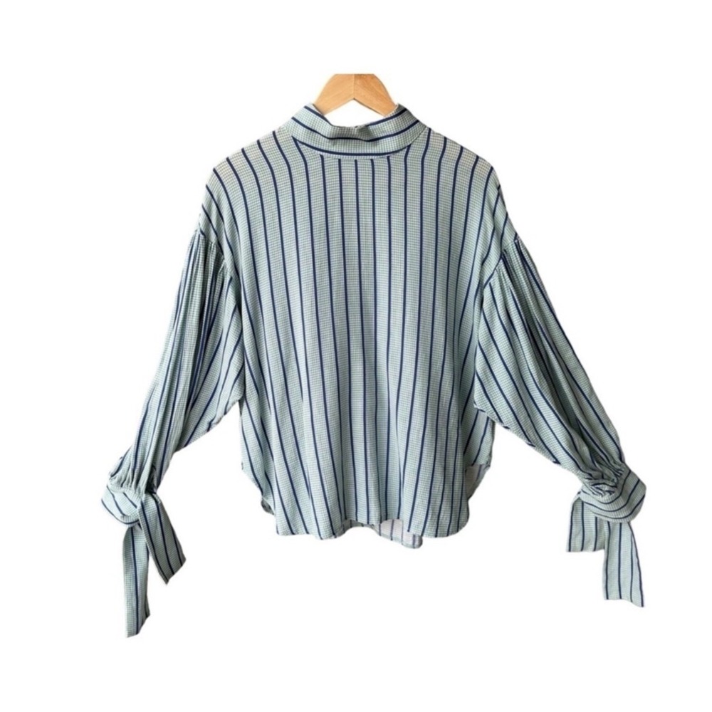 Stylenanda Blouse Top Blue Green Striped Gingham High Neck Puff Sleeve Tie Cuff